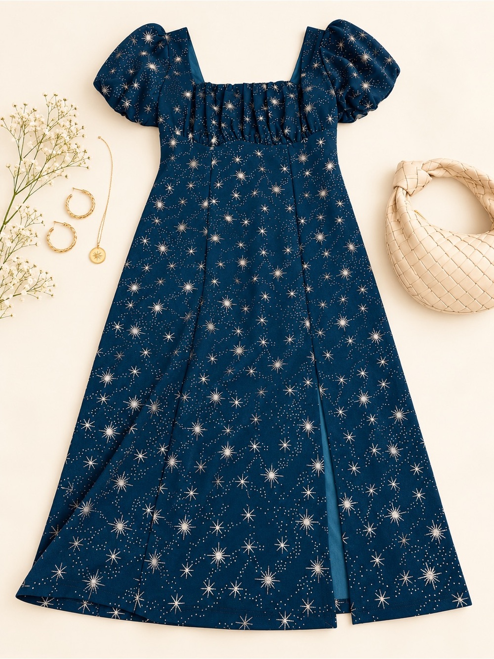 CIDER Celestial Star Print Maxi Dress 1XL Blue Puff Sleeve NWT